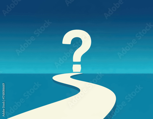 Question mark on winding path over ocean, minimalist blue background, symbolic decision point