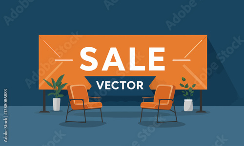 Sale banner with orange chairs and plants, minimalist modern design