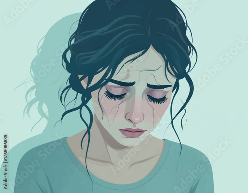 Sad woman crying with tears, minimalist digital art, emotional portrait, isolated