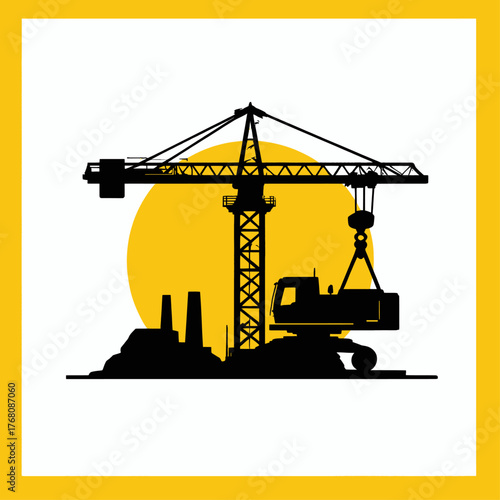 Silhouette of construction crane lifting excavator against yellow sun backdrop