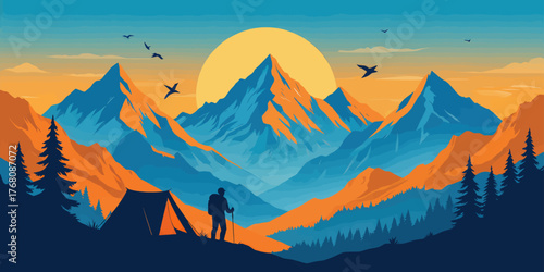 Silhouette hiker camping near mountains at sunset, flat vector illustration, vibrant colors