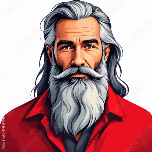 Senior man with gray beard wearing red shirt, cartoon portrait, isolated