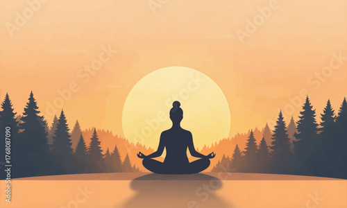 Silhouette of meditating person in lotus pose at sunset with pine trees