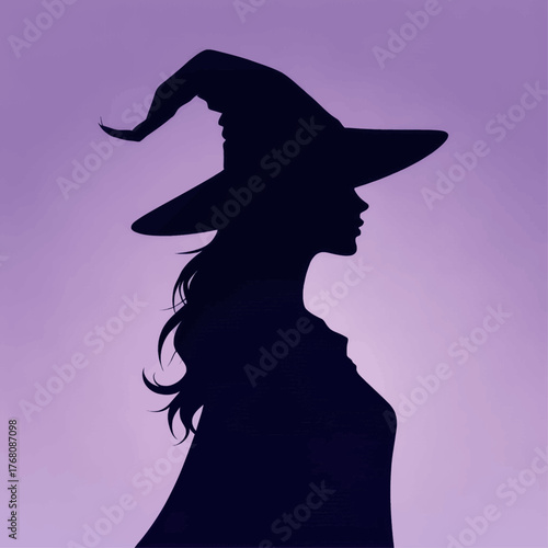 Silhouette of witch profile wearing pointed hat against purple gradient background