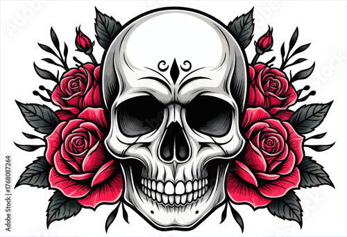 Skull with red roses tattoo design, black and white illustration, isolated