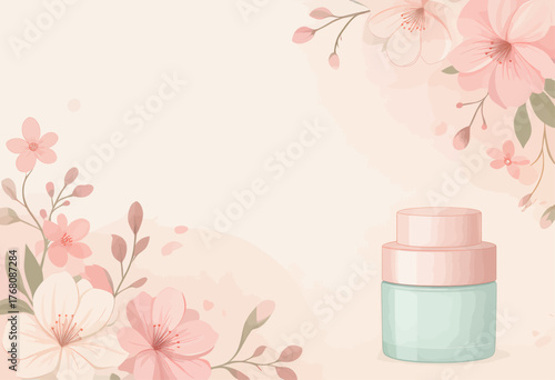 Soft skincare jar with cherry blossom flowers, pastel floral background