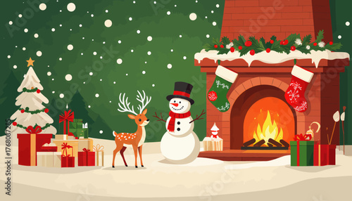 Snowman and reindeer by cozy fireplace with Christmas tree and gifts in snowy scene