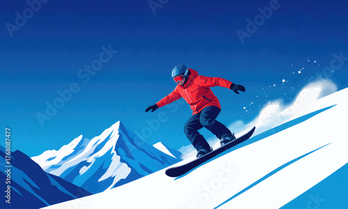 Snowboarder descending snowy slope, vibrant red jacket, minimalist blue mountain backdrop