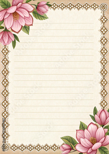 Elegant Floral Border Paper Background with Magnolia Flowers
