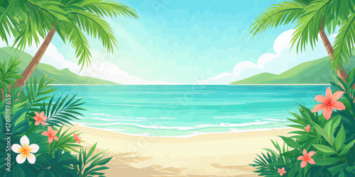 Tropical beach paradise with palm trees and frangipani flowers, vibrant cartoon art