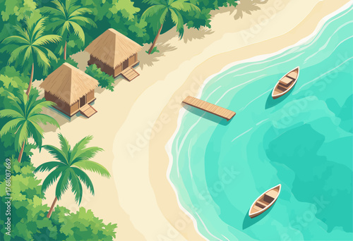 Tropical beach hut illustration, vibrant island paradise, serene ocean view