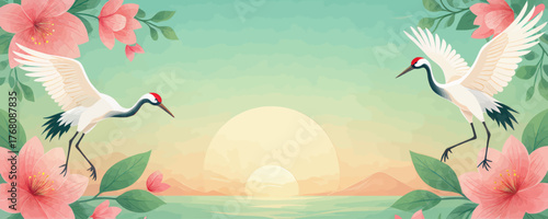 Two cranes flying over sunrise with pink flowers, vibrant nature illustration