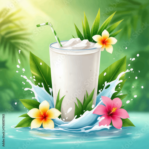 Tropical milkshake with whipped cream and frangipani flowers, vibrant splash background