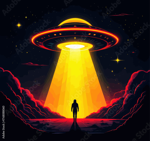 UFO abduction scene with glowing beam, vibrant neon colors, solitary figure standing below