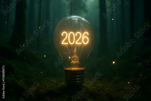 Glowing 2026 light bulb forest fireflies ethereal mist magic, futuristic tree stump city nature technology fusion morning light, cinematic fantasy realism concept art depth field, ultra detailed 8K