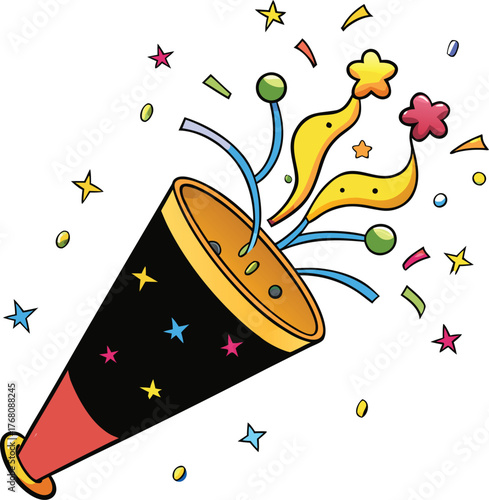 Exploding party popper with confetti set vector illustration on white