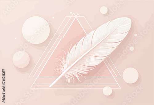 White feather with geometric shapes on soft pink background, minimalist design