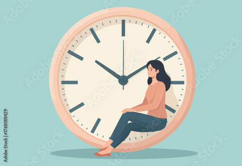 Woman sitting inside giant clock face flat illustration on light blue background