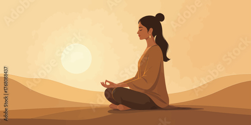 Woman meditating in desert at sunset, flat vector illustration, calm and serene
