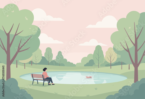 Woman sitting on bench by pond, peaceful park landscape, soft pastel colors