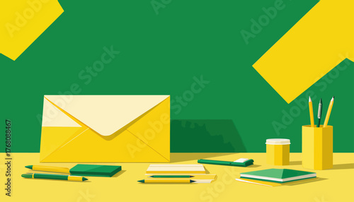 Yellow envelope with stationery on desk, minimalist green-yellow workspace design
