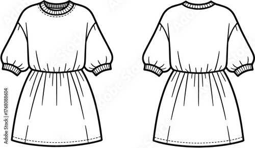 Women's dress fashion sketch, round neck puff sleeve flared mini dress with rib detail, front and back view, cad drawing flat vector illustration