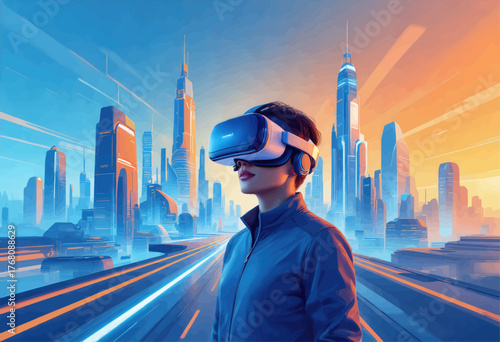 Young person wearing VR headset immersed in futuristic cityscape digital world