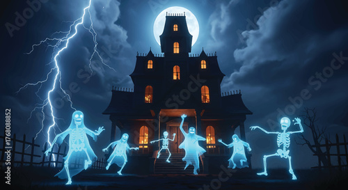 Haunted House: Ghosts and skeletal figures gather in front of a spooky haunted house under the moonlight, with a backdrop of lightning. 