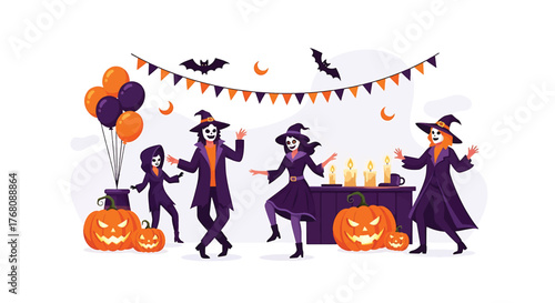 Halloween Celebration: A whimsical scene unfolds as costumed figures revel in a festive gathering, embracing the spooky spirit. A pumpkin's gleam adds a touch of enchantment.