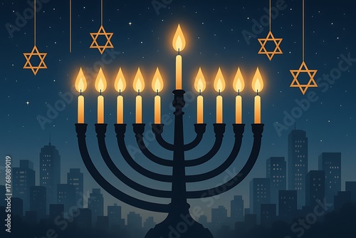 Happy Hanukkah greeting card illustration with a silhouetted menorah shining brightly against a city skyline at night under a starry sky.