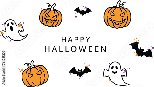 Halloween Celebration Illustration: Spooky scene with carved pumpkins, adorable ghosts, and fluttering bats, this vibrant illustration encapsulates the essence of the Halloween spirit. 