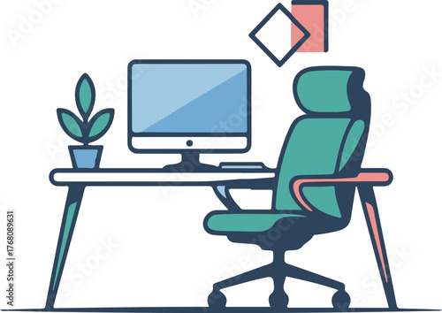 Workplace Illustration Computer Desk Plant Office Chair Work from Home