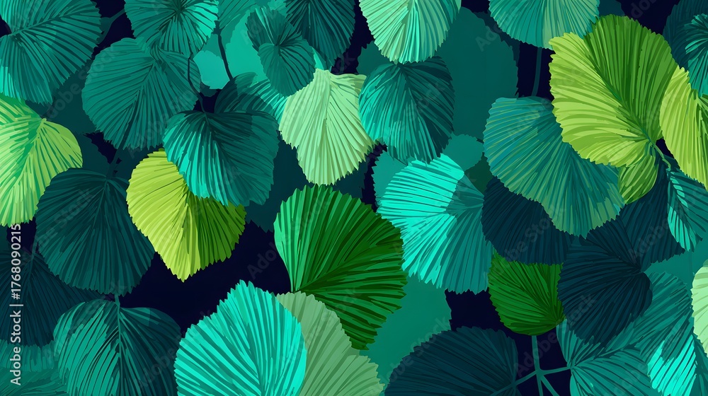 Fototapeta premium Stylized tropical foliage fills the frame in a rich palette of greens and blues