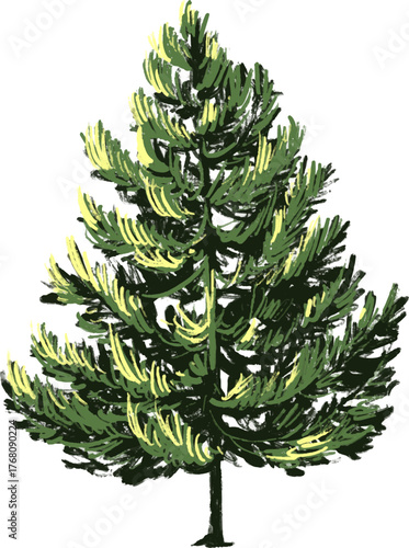 A digital illustration of a single, full-bodied pine or Christmas tree with a rough, textured brush-stroke style. The needles are depicted using dark green with highlights of bright yellow-green again