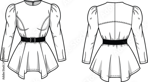 Women's tunic top fashion sketch, puff sleeve blouse, peplum hem, belt detail, front back view, cad drawing flat vector illustration