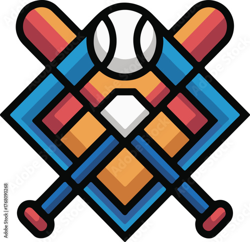 Baseball diamond emblem with bats and ball icon vector illustration element design