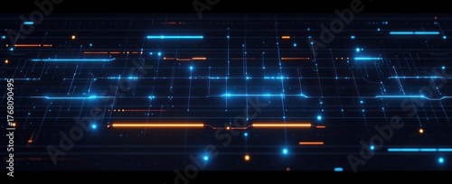 Futuristic digital circuit pattern with glowing blue and orange lines and dots on a dark background evoking technology and connectivity