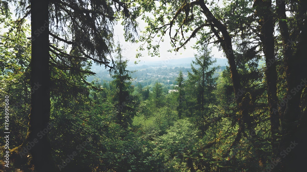 Obraz premium Dark evergreen forest canopy frames a distant view over a valley settlement