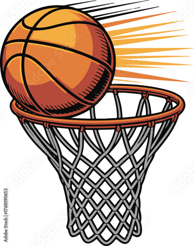 Basketball In Hoop Cartoon. Sports Graphic Design Element With Ball Flying. Isolated Vector