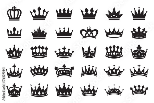 Collection of black crown silhouettes in various royal styles. Perfect for luxury, emblem, and monarchy designs.
