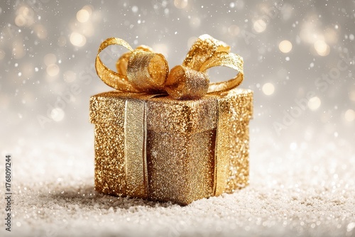 Shimmering Gold Gift Box with Ribbon and Glittery Accents on Soft Snowy Background