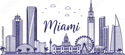 Miami Skyline Sketch with Cultural Touch for Tourism Use, Featuring Ocean Drive, Art Deco District, and Biscayne Bay | Hand Drawn Florida Cityscape | Printable Wall Art