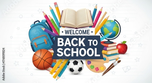 Colorful illustration of school supplies surrounding a 