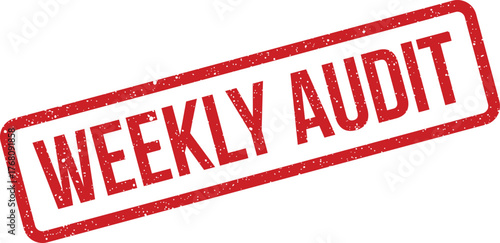 Grungy rubber stamp icon indicating weekly audit, suitable for business operations, financial checks, and regulatory compliance