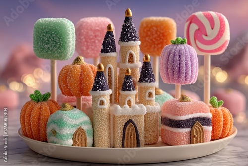 Colorful Candy Wonderland with Castle, Pumpkins, and Lollipops Ideal for Festive Celebration Themes