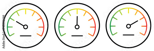 Speedometer icon. Meter score vector set. Gauge line limit scale. Score measurement level meter. Black line design. High indicator sign. car dashboard elements Fuel gauge  low tank levels.  kmh speed 