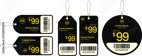 Black price tags with barcode for isolated on white background for product promotion
