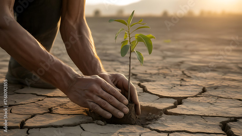 Hope in Arid Terrain: A pair of weathered hands tenderly nurtures a fragile sapling in the barren cracked earth, capturing the spirit of perseverance and environmental care. 