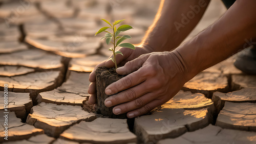 Nurturing Hope: A pair of hands tenderly plants a seedling into dry cracked earth, symbolizing resilience, care and the dawn of renewal.