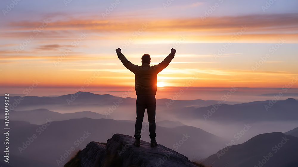 Fototapeta premium Achiever atop Mountains at Sunrise: A solitary figure, silhouetted against a vibrant sunrise, stands atop a mountain peak with arms raised in triumph, representing human potential.